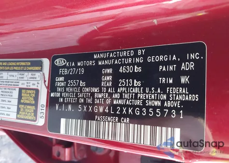 2019 Kia Optima Sx Turbo z USA, uszkodzony, nr VIN 5XXGW4L2XKG355731